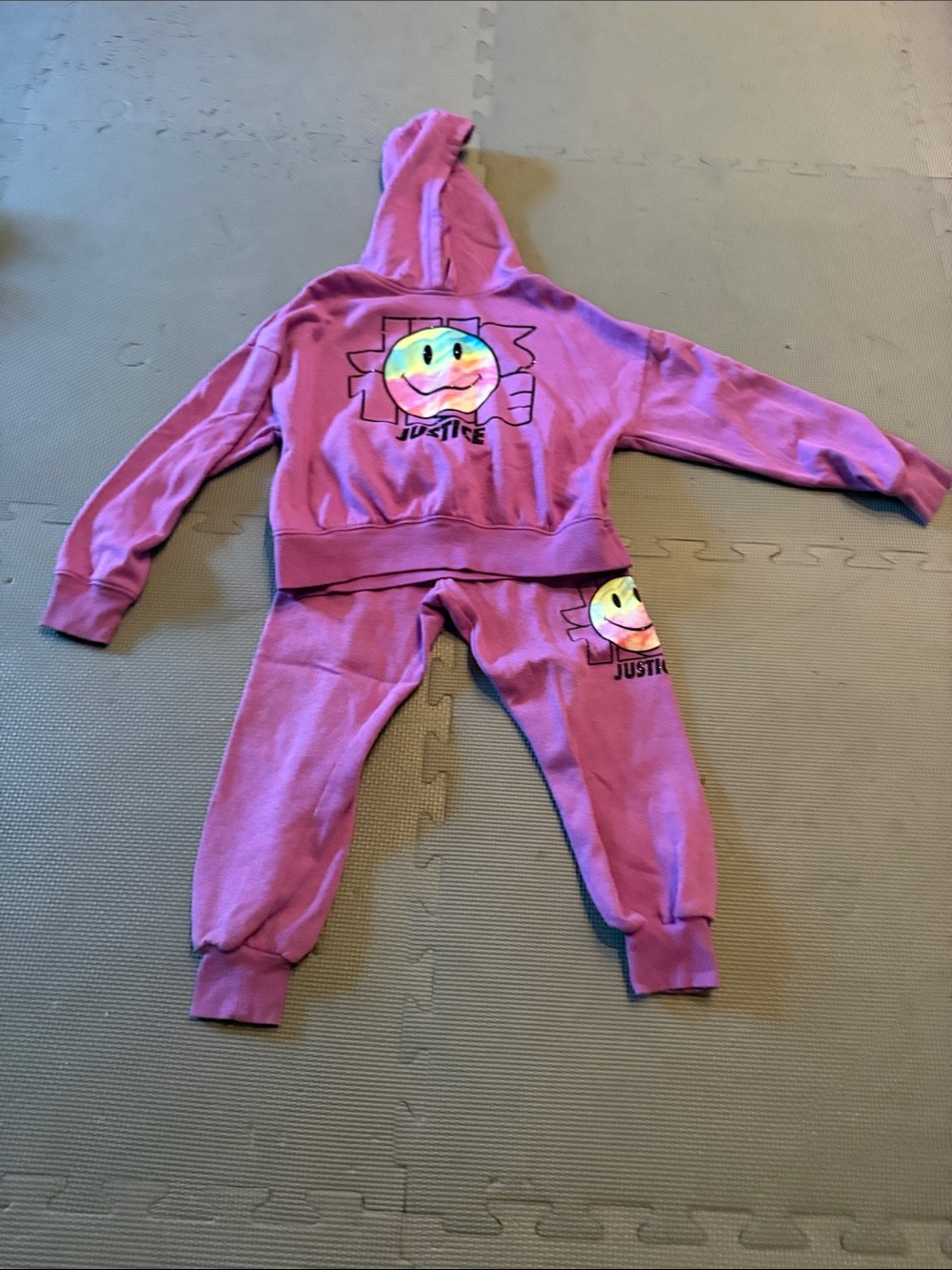 Justice Pink Purple Hoodie & Joggers Set with Smiley Patch